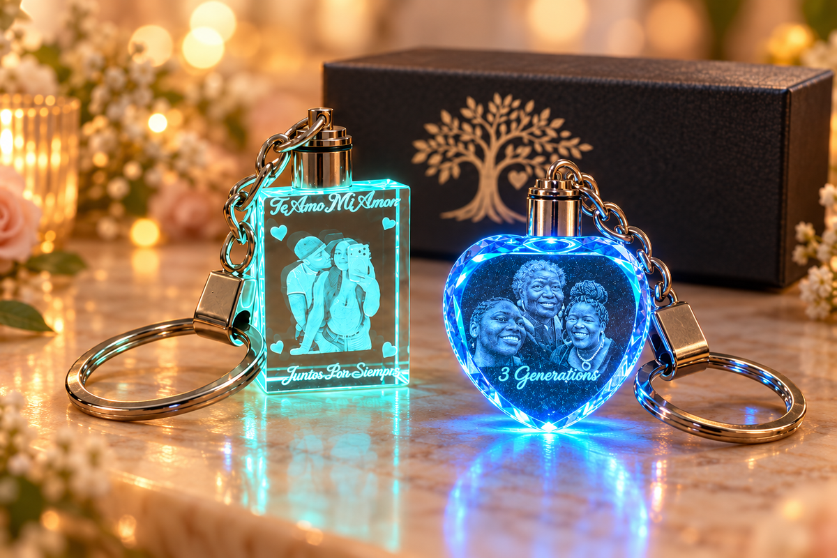 Rectangle and heart engraved glass photo keychains with a gift box
