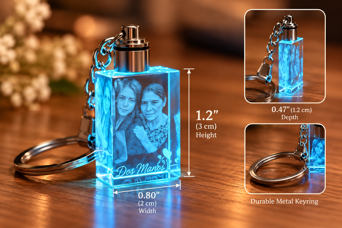 Personalized photo keychain dimensions: 1.2 inches high, 0.80 inches wide, 0.47 inches deep